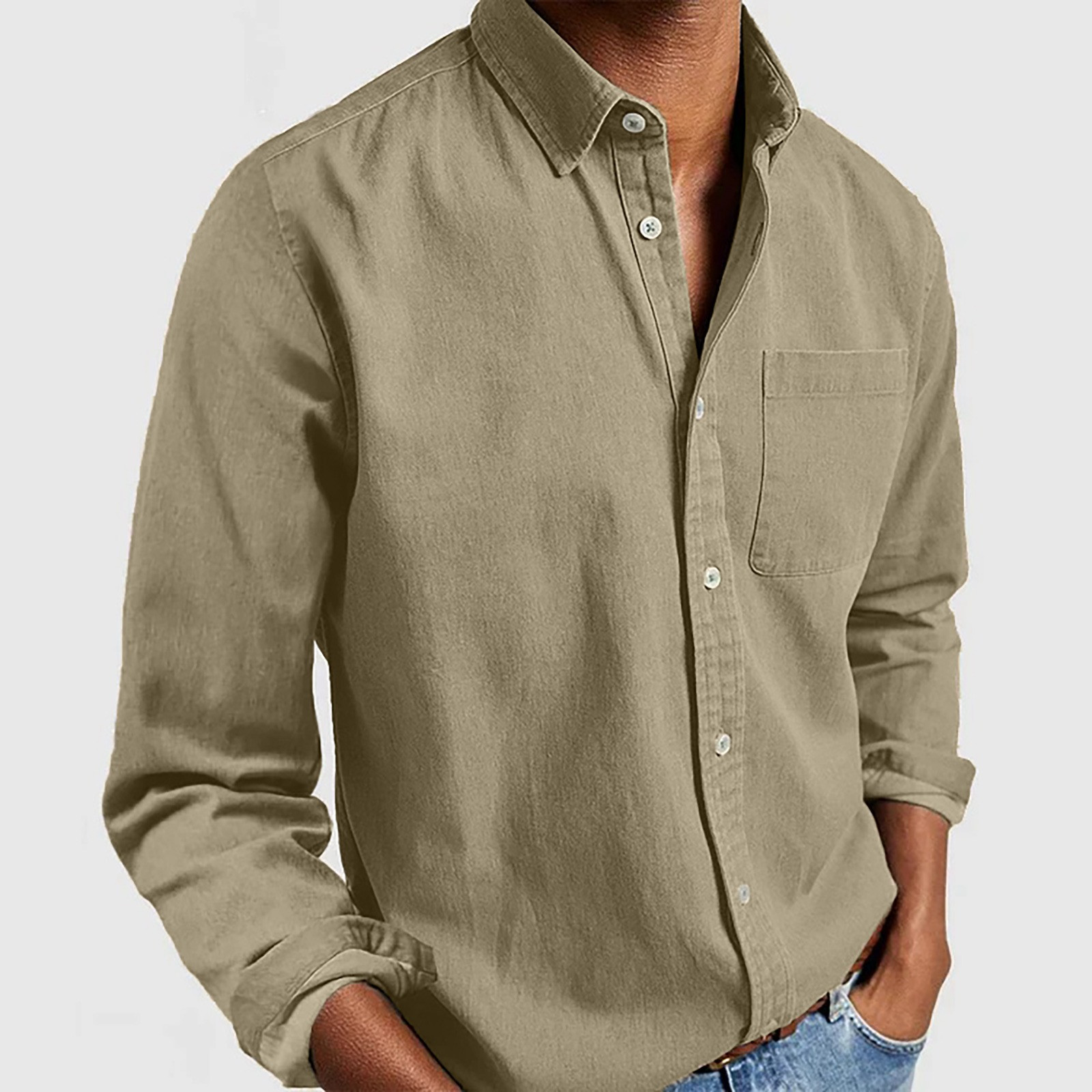 thumbnail image 4 of Camisa informal de manga larga con botones y color liso para hombre: prenda cómoda y moderna para el trabajo o las vacaciones, de poliéster y algodón, tallas S-XXXL., 4 of 8